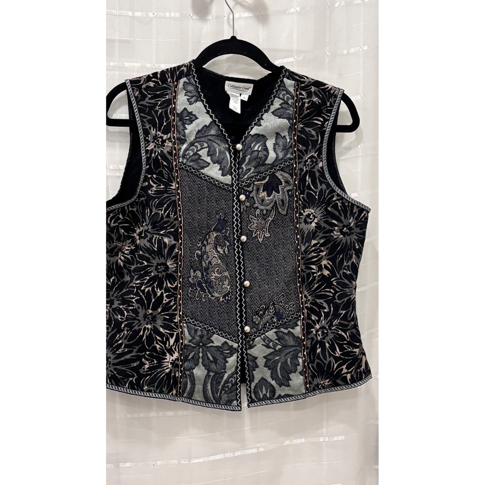 Coldwater Creek Women Black Silver Tapestry Floral Paisley Button Front Vest S
